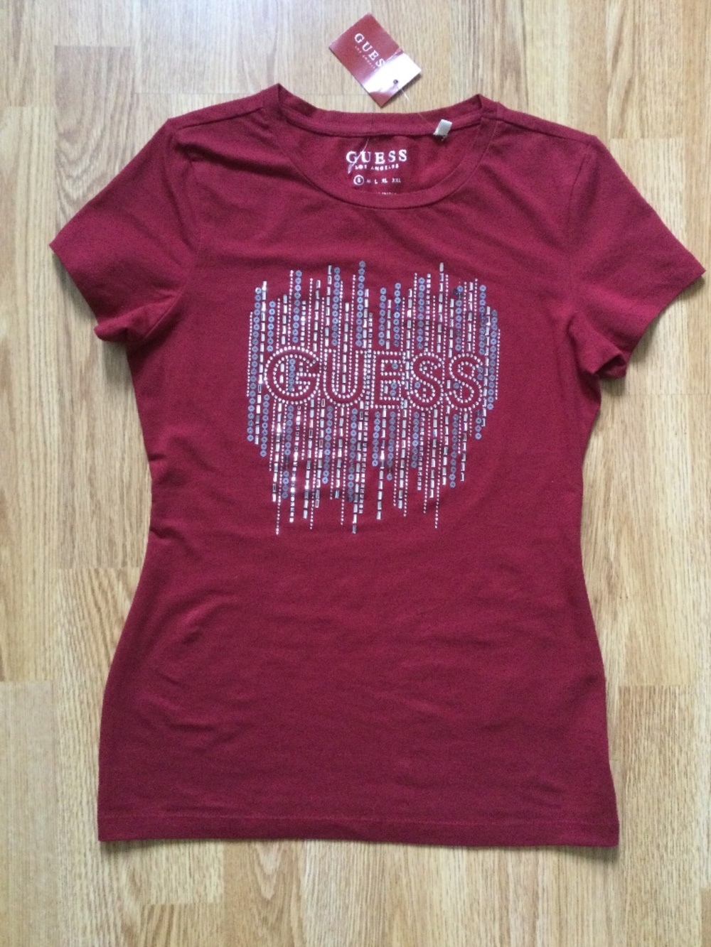 GUESS Los Angeles France Short Sleeve Rhinestone Sequin T-Shirt S Burgundy